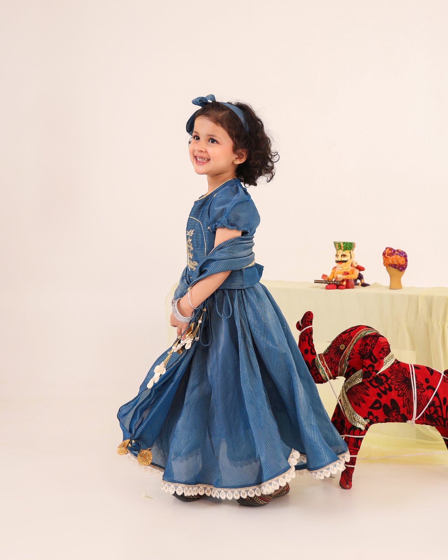 Girl Stripe Zari Embroidered Skirt Top Set - Teal Blue