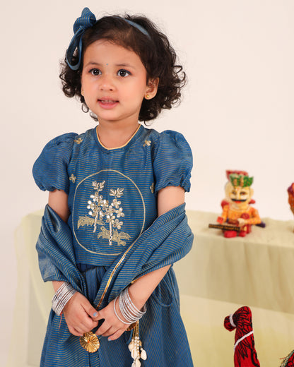 Girl Stripe Zari Embroidered Skirt Top Set - Teal Blue