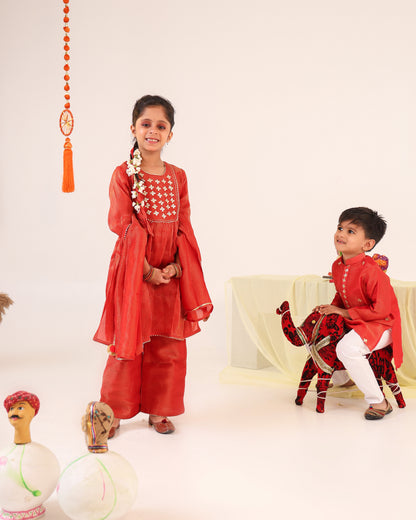 Girl Stripe Gota Embroidered Kurta and Pallazo Pants Set -Rusty Red