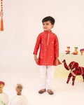 Boy Striped Kurta Set - Rusty Red