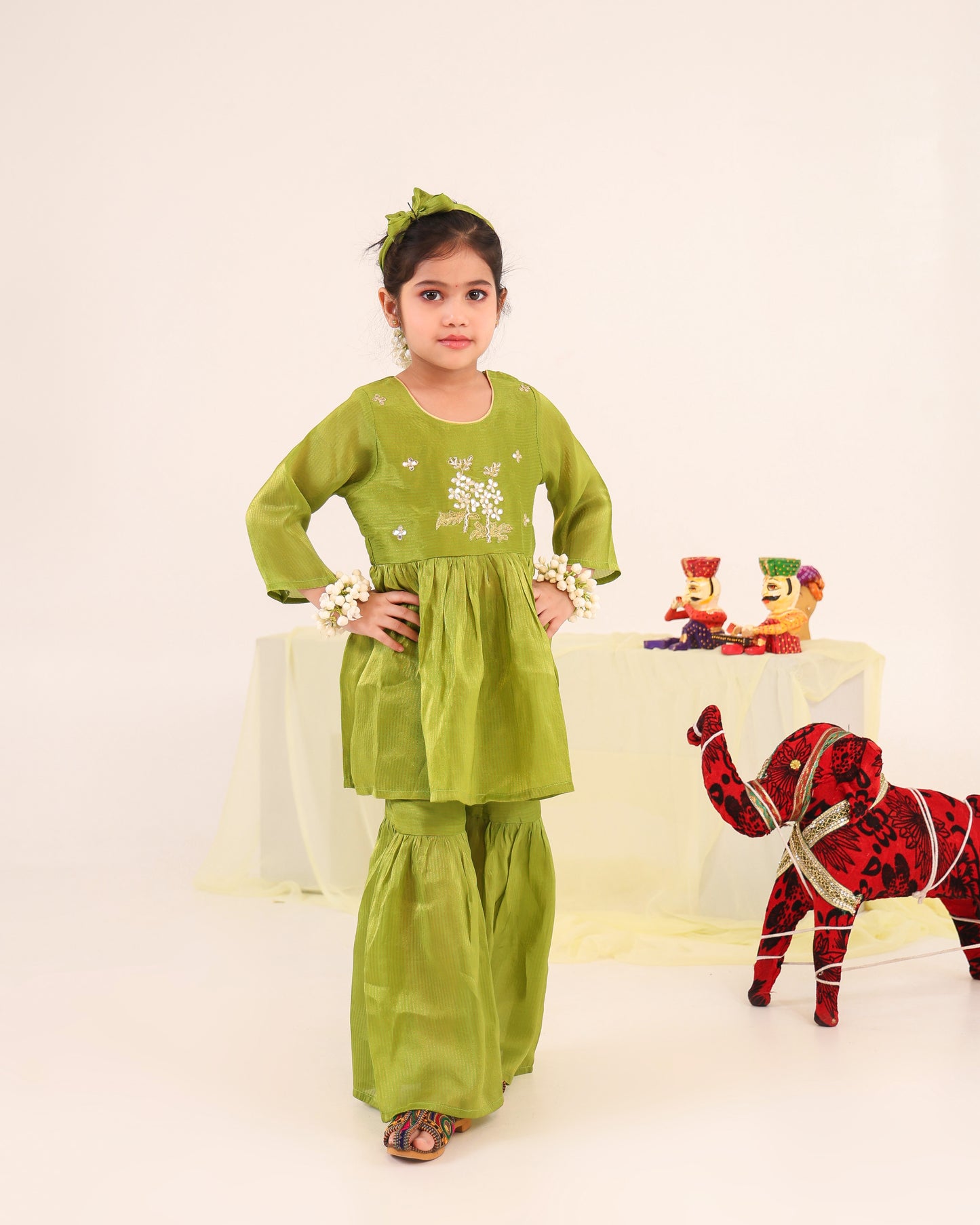Girl Striped Zari Embroidered Sharara Set - Minty Green