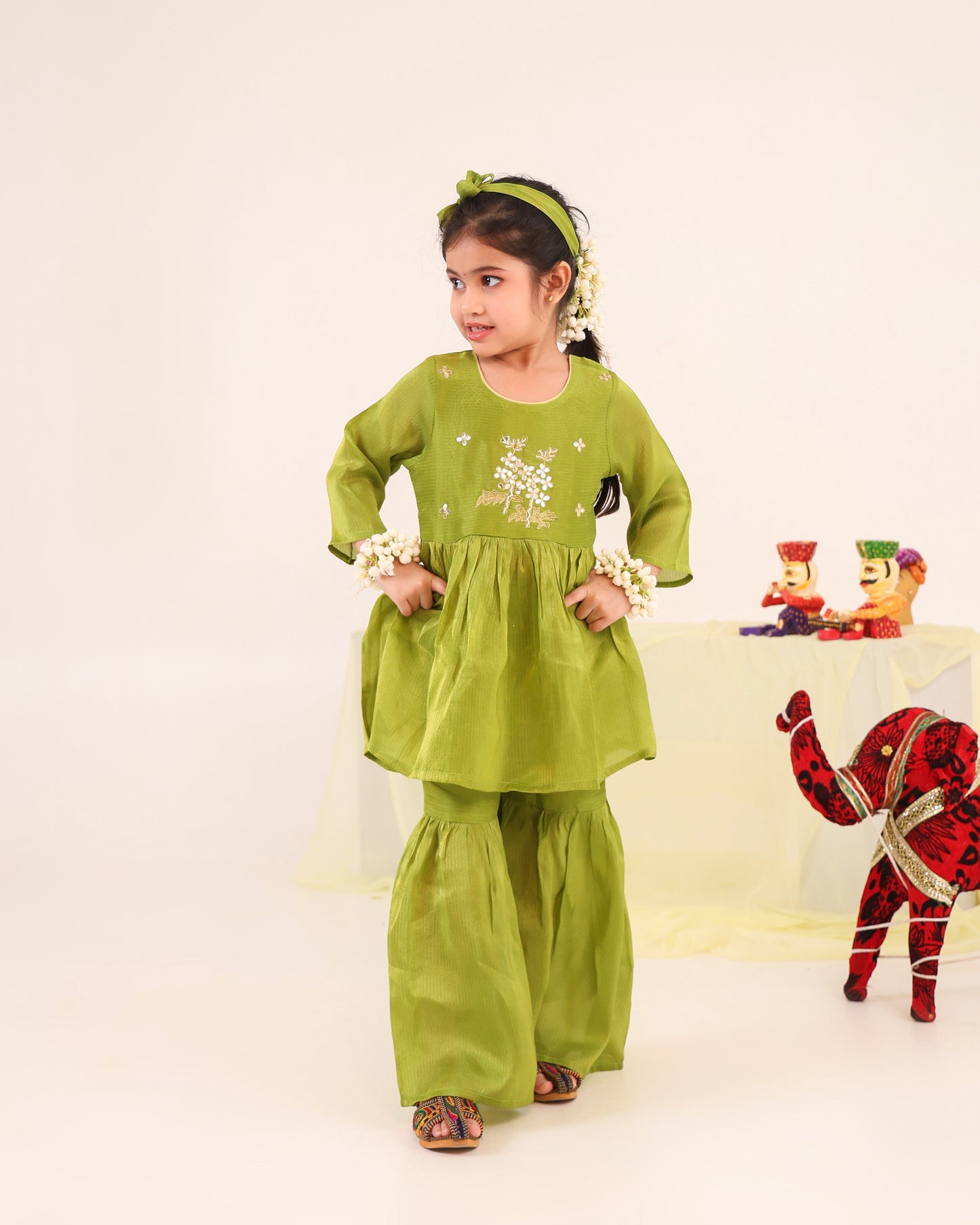 Girl Striped Zari Embroidered Sharara Set - Minty Green
