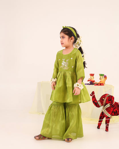 Girl Striped Zari Embroidered Sharara Set - Minty Green
