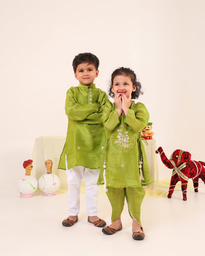 Girl Striped Fancy Zari Embroidered Top with Cowl Dhoti Pants- Minty Green