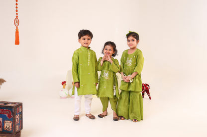 Girl Striped Fancy Zari Embroidered Top with Cowl Dhoti Pants- Minty Green