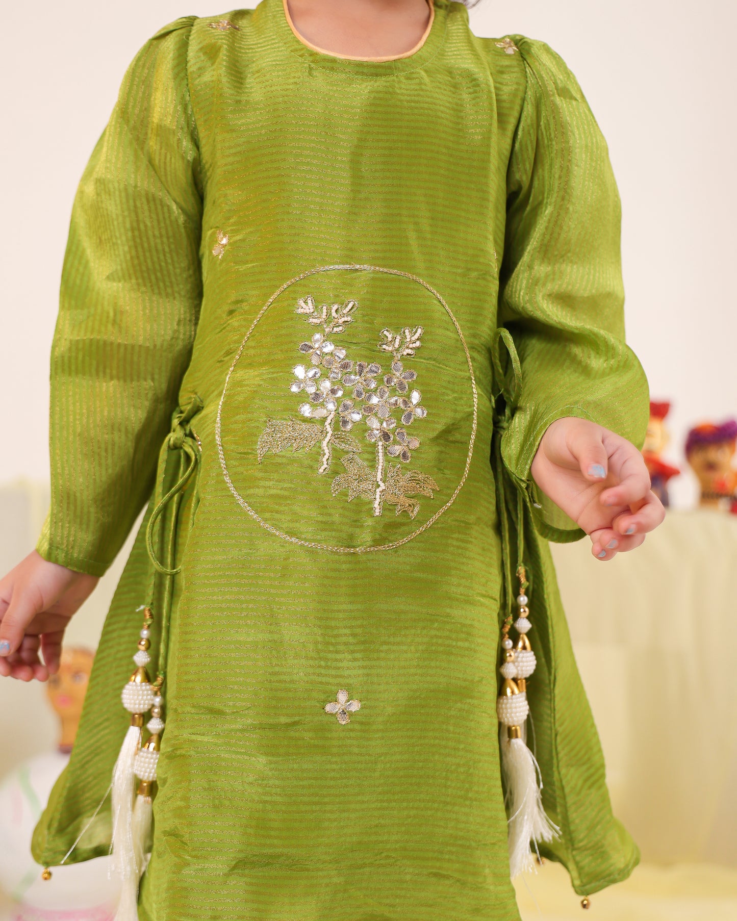 Girl Striped Fancy Zari Embroidered Top with Cowl Dhoti Pants- Minty Green