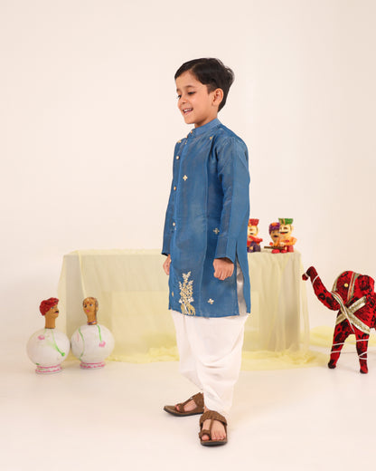 Boy Stripe Zari Embroidered Kurta Set - Teal Blue