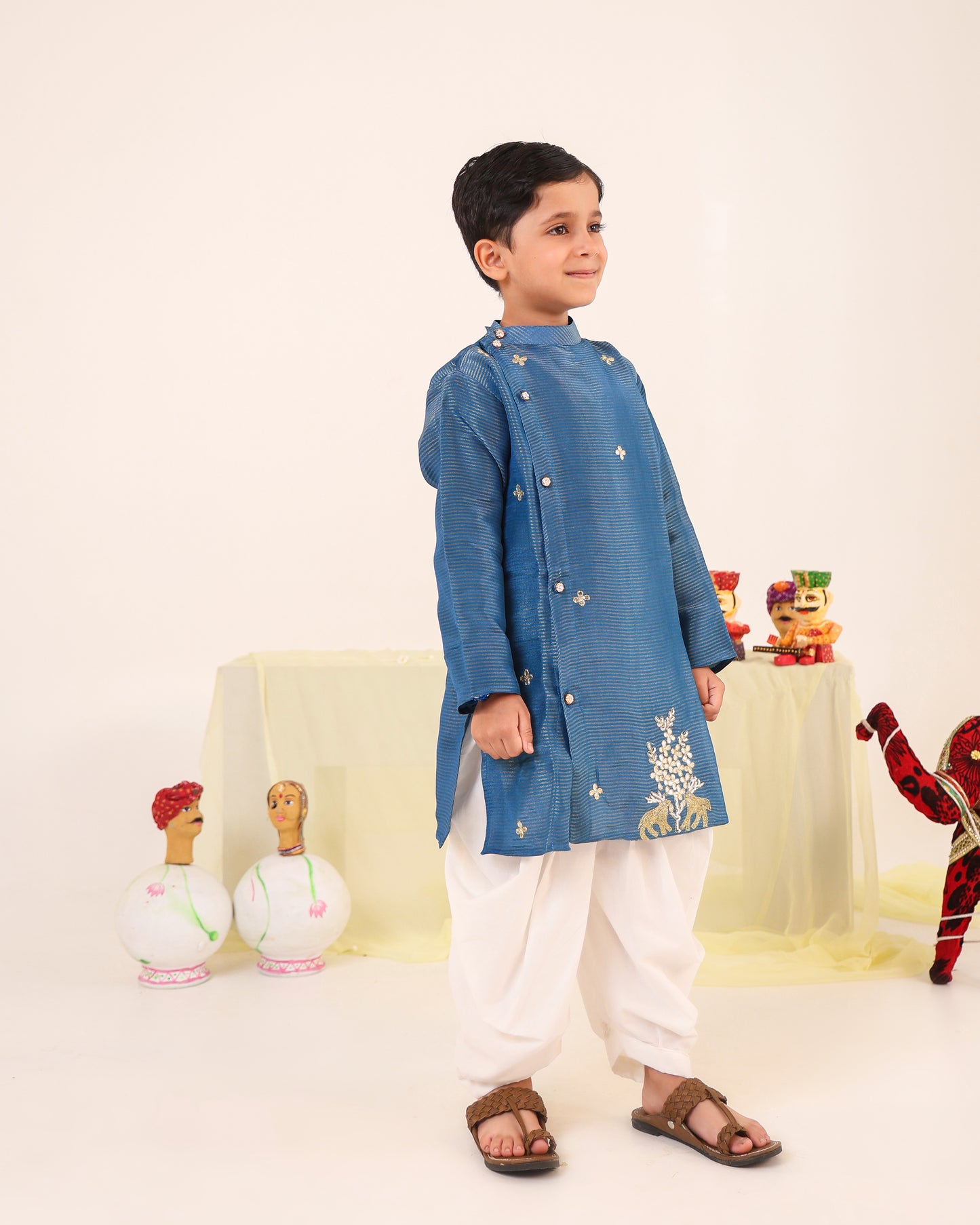 Boy Stripe Zari Embroidered Kurta Set - Teal Blue