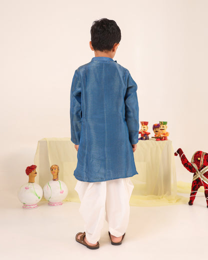 Boy Stripe Zari Embroidered Kurta Set - Teal Blue