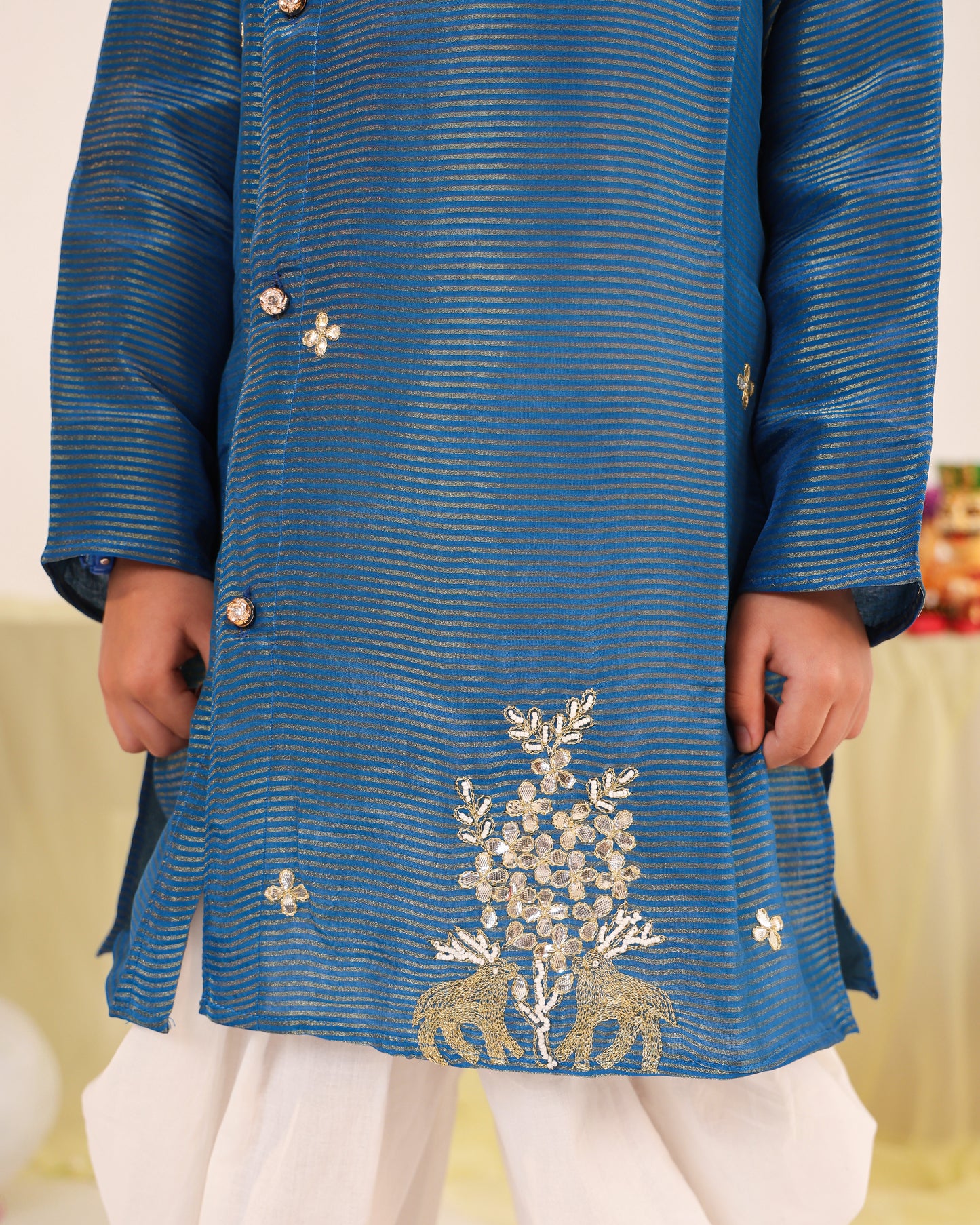 Boy Stripe Zari Embroidered Kurta Set - Teal Blue