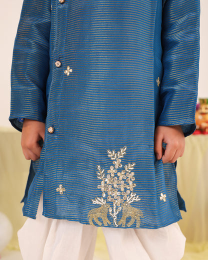 Boy Stripe Zari Embroidered Kurta Set - Teal Blue