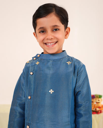 Boy Stripe Zari Embroidered Kurta Set - Teal Blue