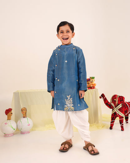 Boy Stripe Zari Embroidered Kurta Set - Teal Blue