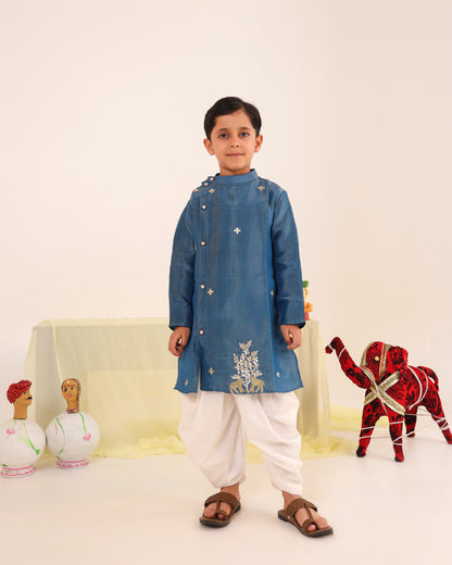 Boy Stripe Zari Embroidered Kurta Set - Teal Blue
