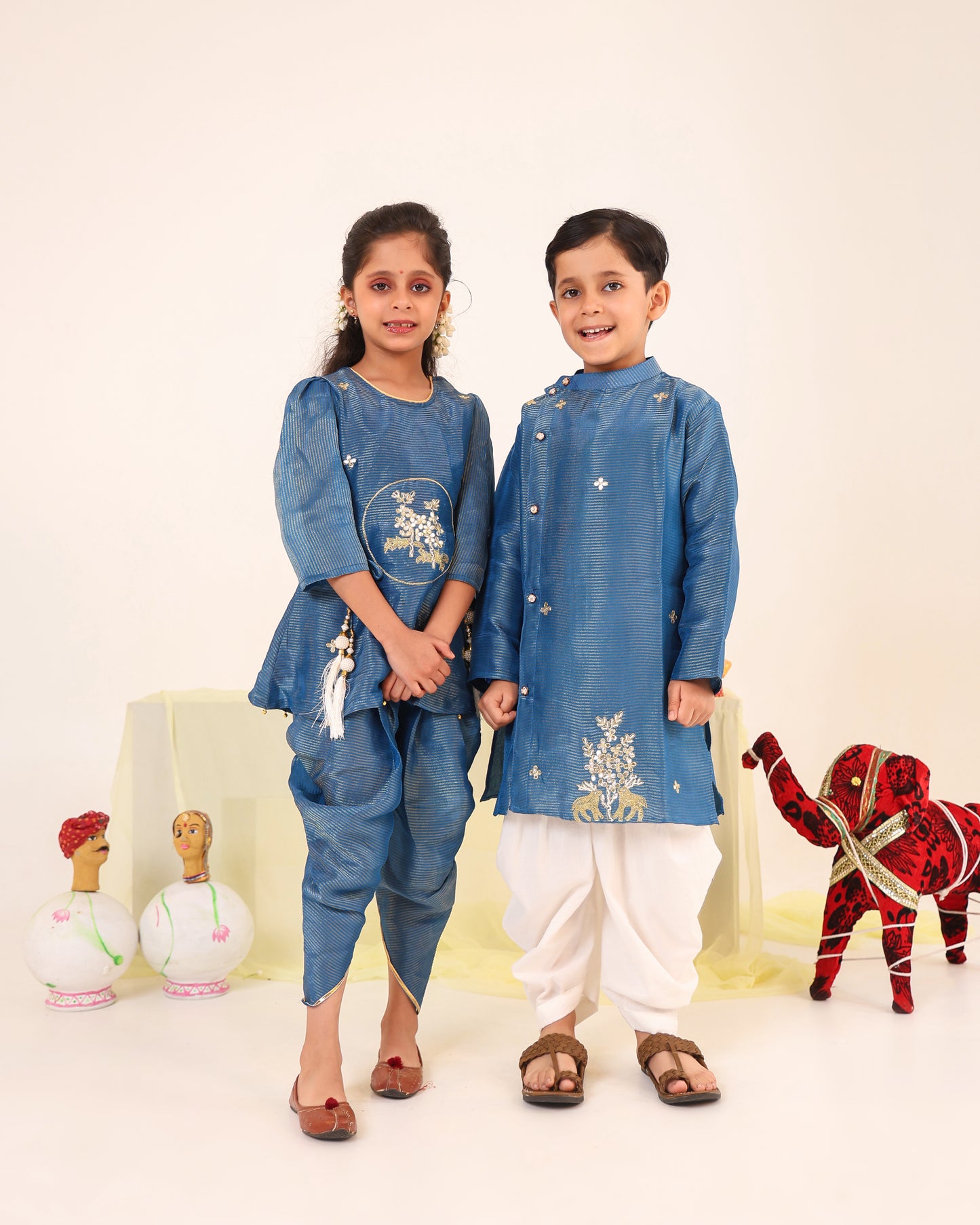 Boy Stripe Zari Embroidered Kurta Set - Teal Blue