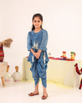 Girl Striped Fancy Zari Embroidered Top with Cowl Dhoti Pants- Teal Blue