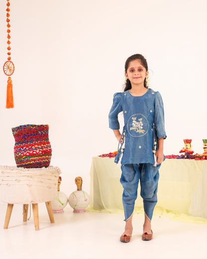 Girl Striped Fancy Zari Embroidered Top with Cowl Dhoti Pants- Teal Blue
