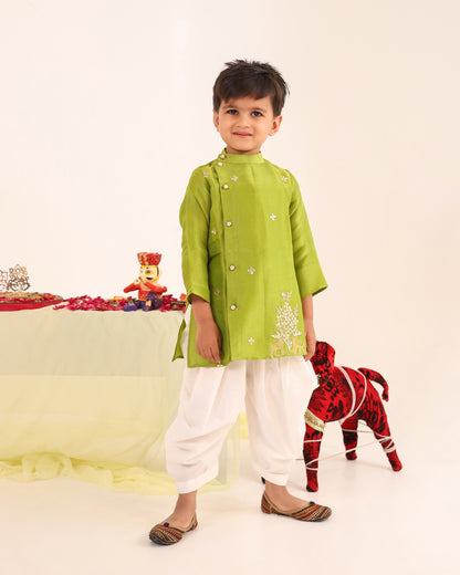 Boy Stripe Zari Embroidered Kurta Set - Minty Green