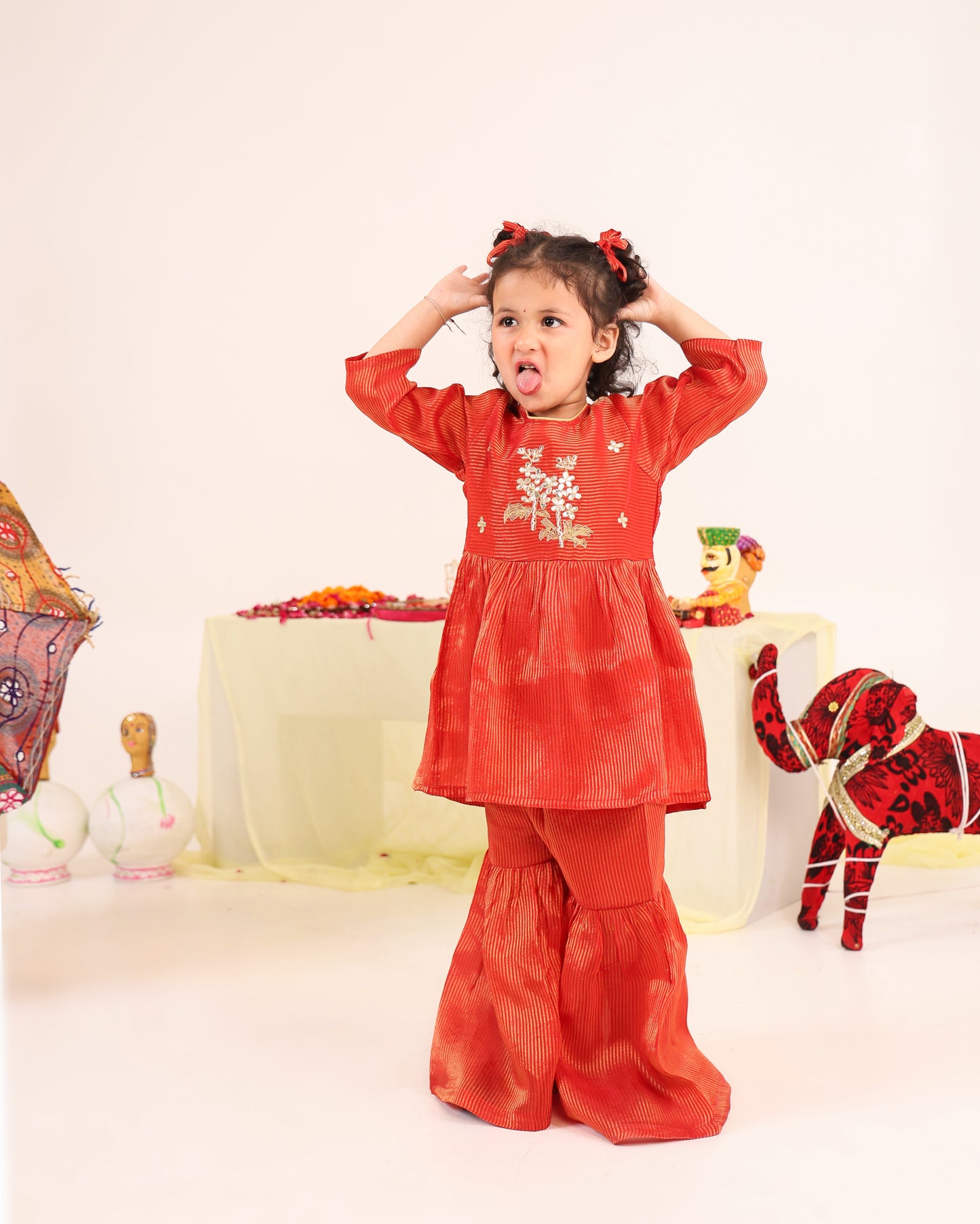 Girl Striped Zari Embroidered Sharara Set - Rusty Red