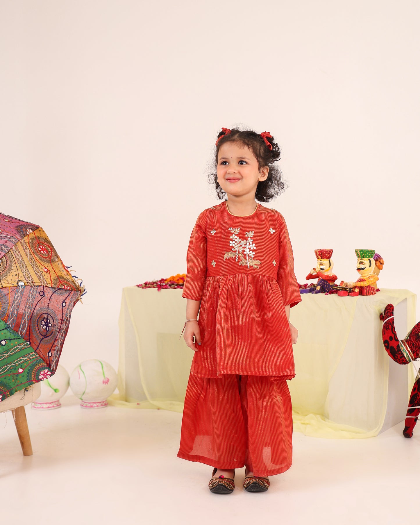Girl Striped Zari Embroidered Sharara Set - Rusty Red