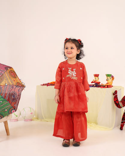 Girl Striped Zari Embroidered Sharara Set - Rusty Red