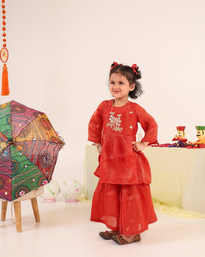 Girl Striped Zari Embroidered Sharara Set - Rusty Red