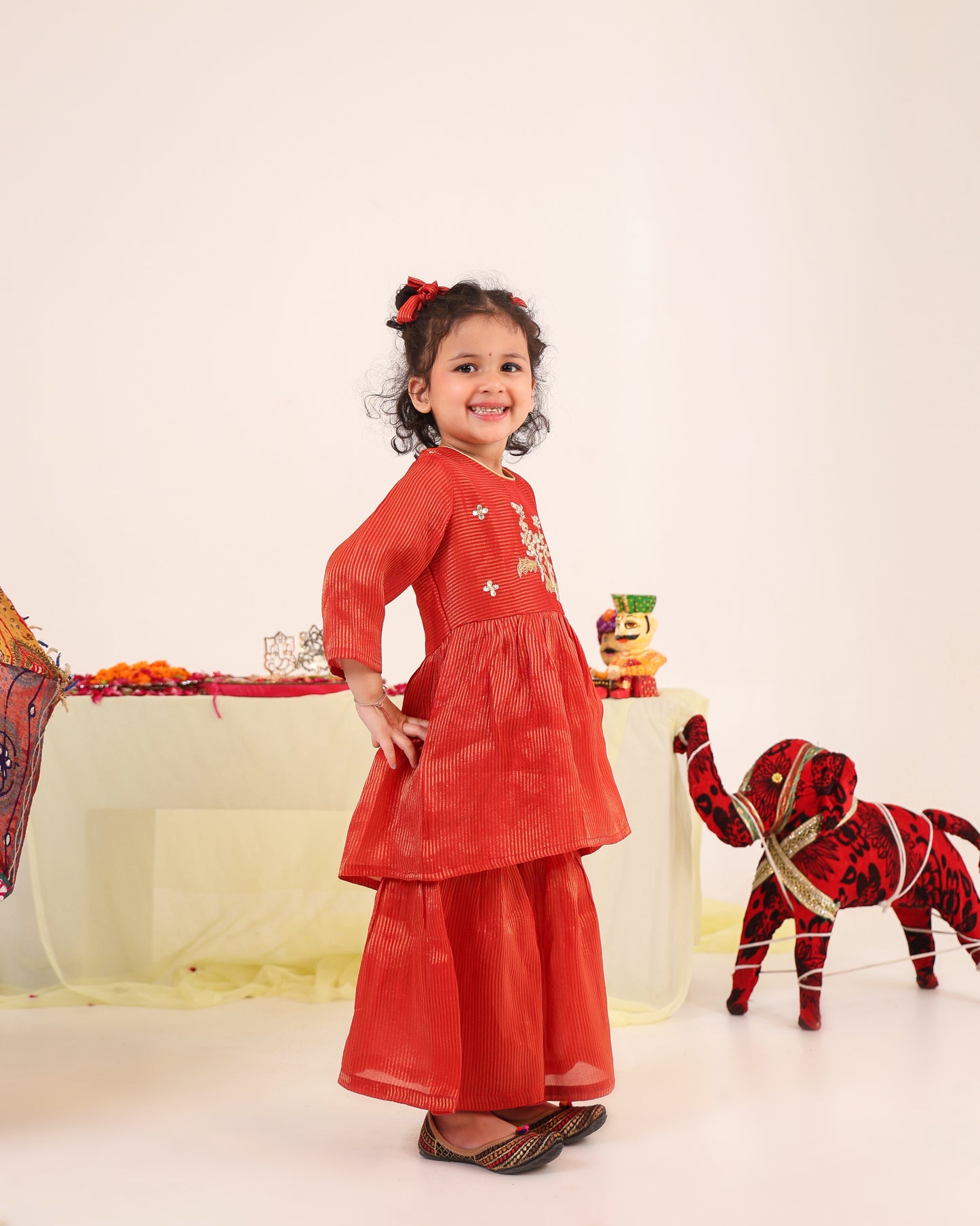 Girl Striped Zari Embroidered Sharara Set - Rusty Red