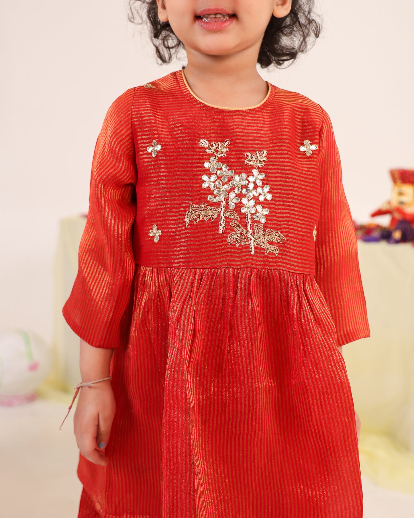 Girl Striped Zari Embroidered Sharara Set - Rusty Red