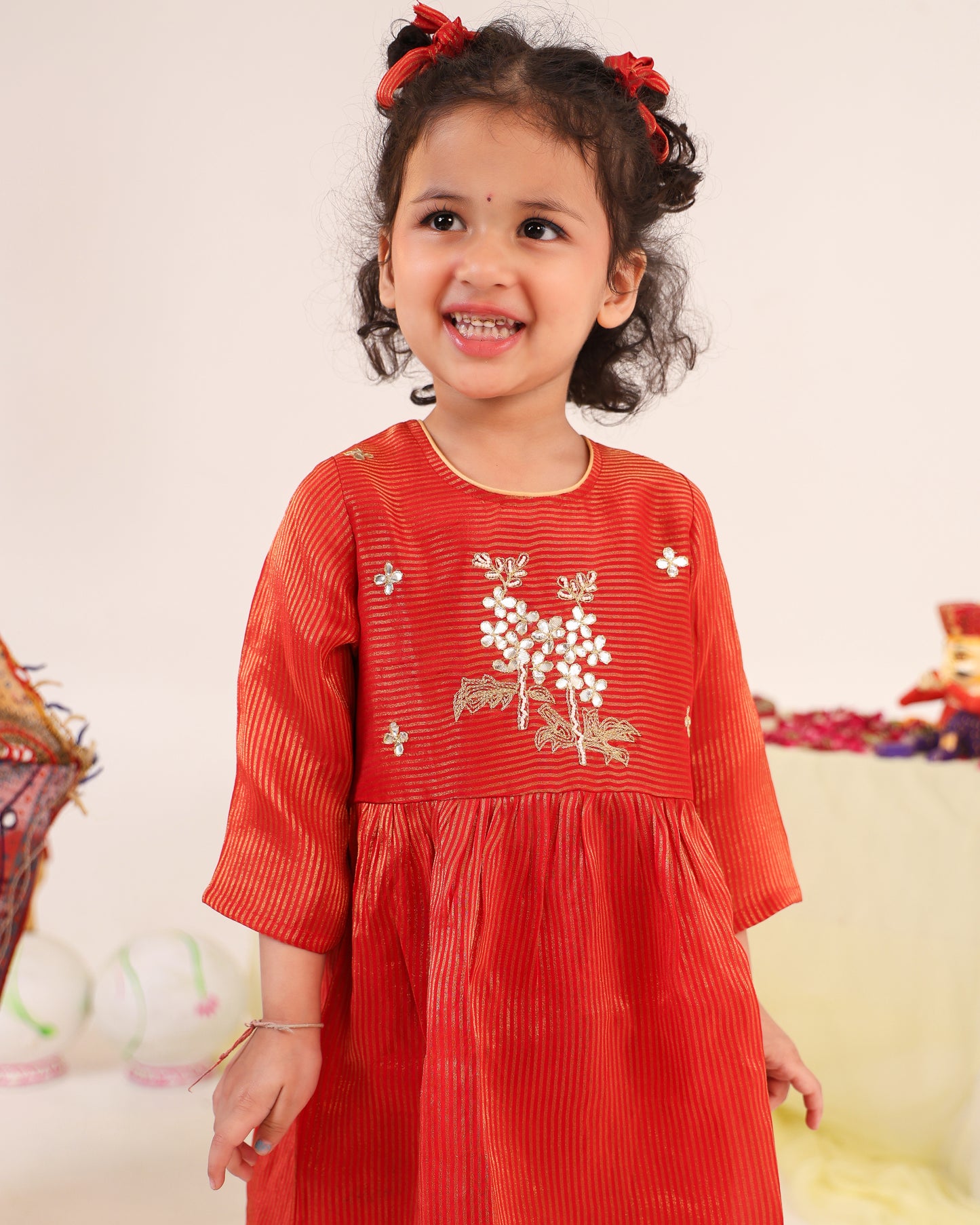 Girl Striped Zari Embroidered Sharara Set - Rusty Red