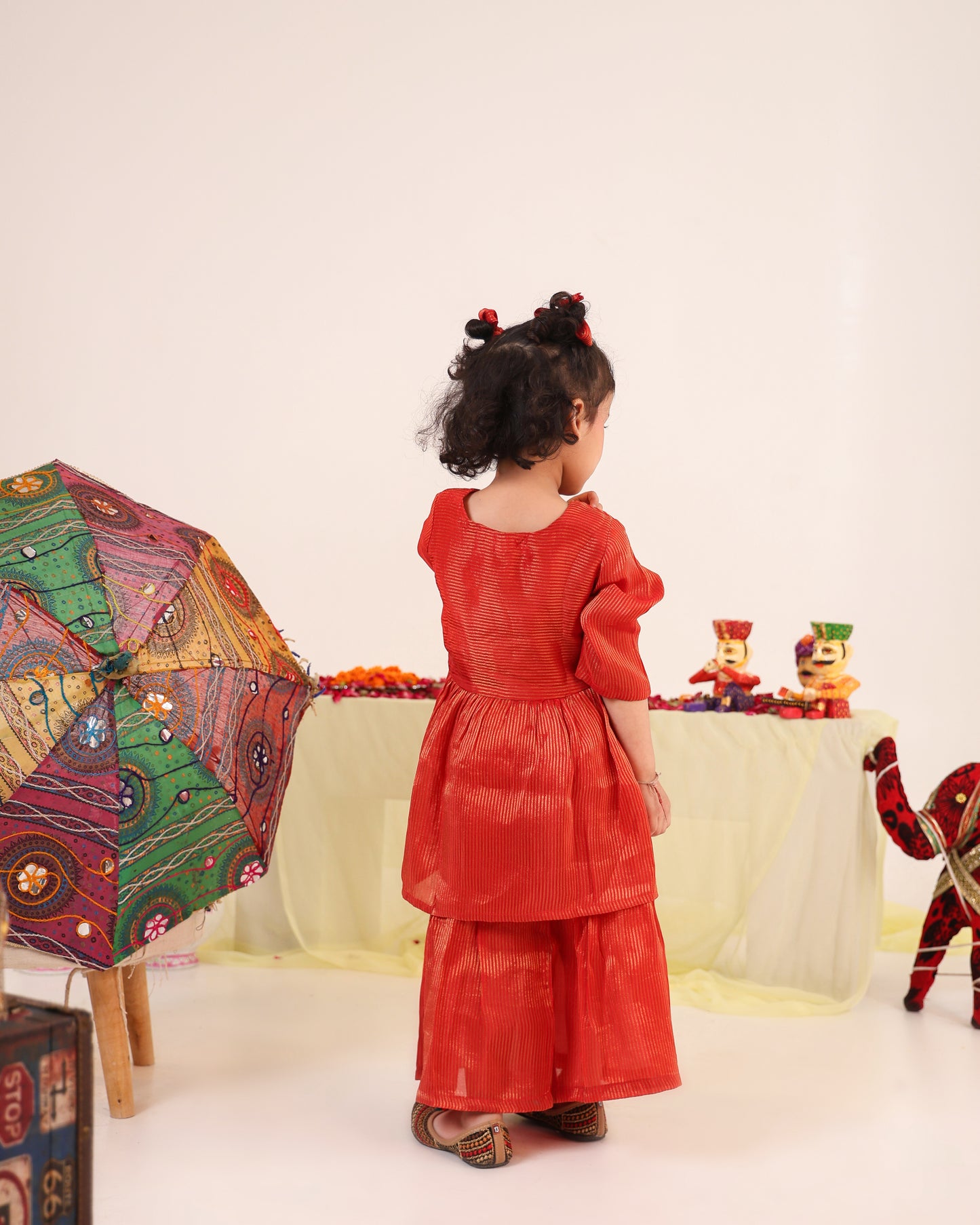 Girl Striped Zari Embroidered Sharara Set - Rusty Red