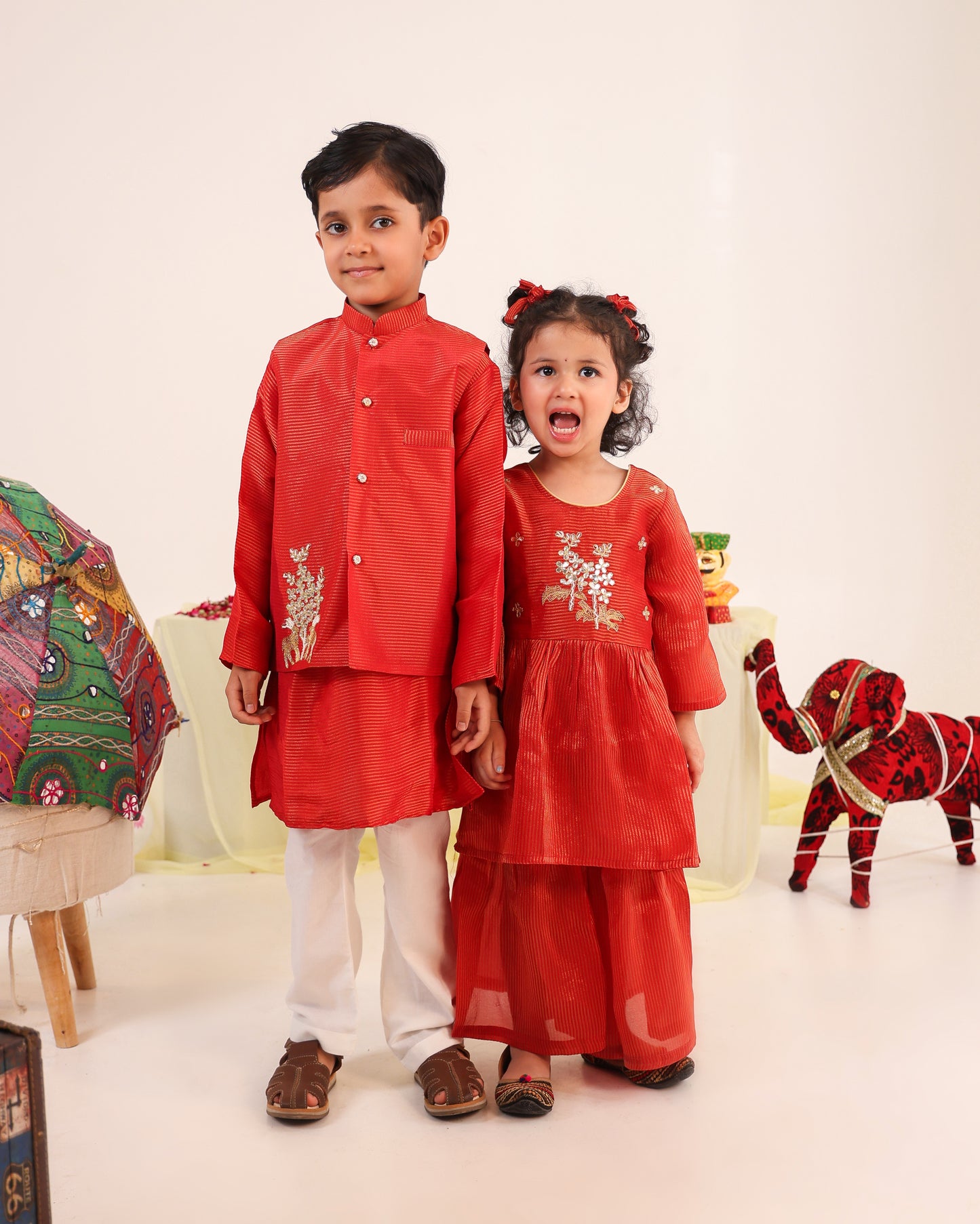 Girl Striped Zari Embroidered Sharara Set - Rusty Red