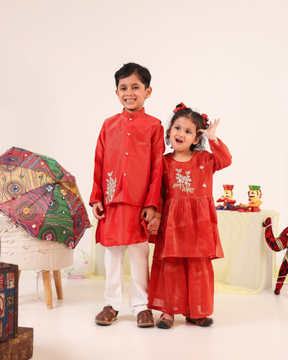 Girl Striped Zari Embroidered Sharara Set - Rusty Red