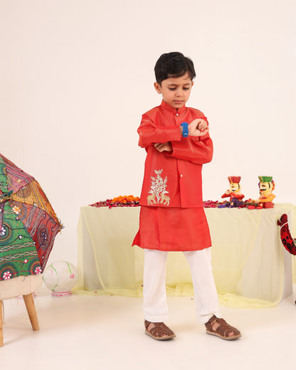 Boy 3 Pc Zari Embroidery Bundy Set - Rusty Red