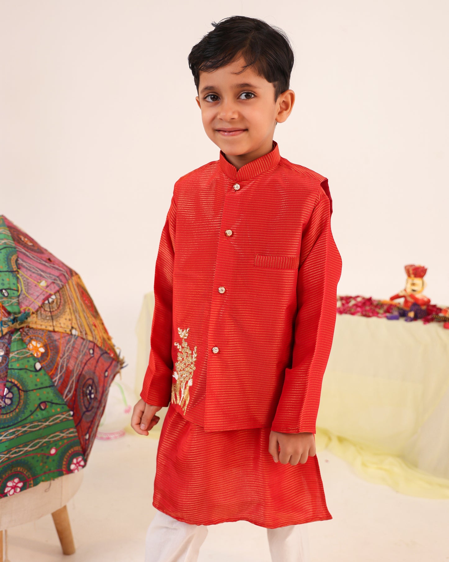 Boy 3 Pc Zari Embroidery Bundy Set - Rusty Red