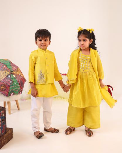 Girl Stripe Gota Embroidered Kurta and Pallazo Pants Set - Lemon Yellow