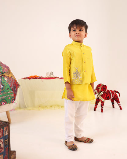 Boy 3 Pc Zari Embroidery Bundy Set - Lemon Yellow