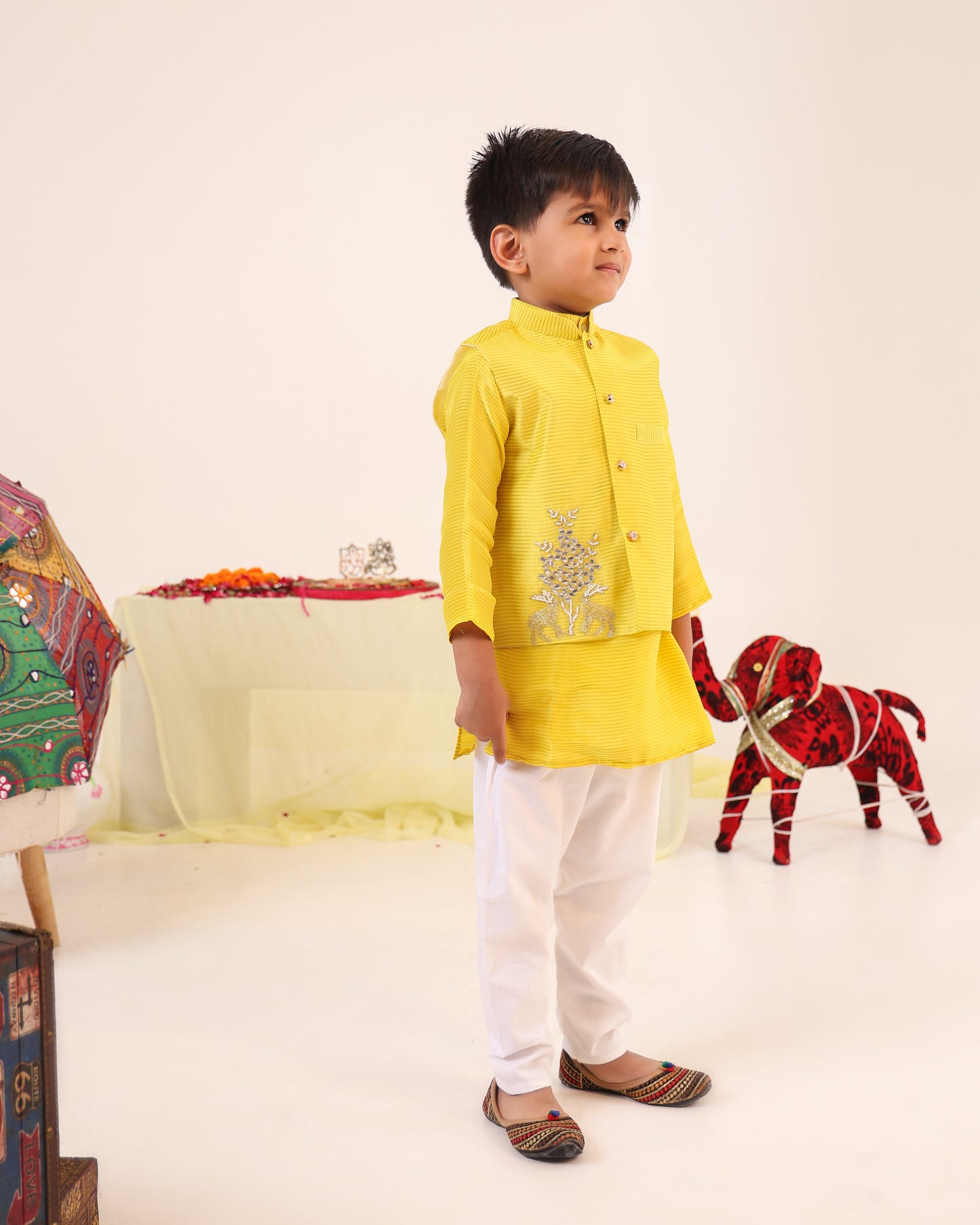 Boy 3 Pc Zari Embroidery Bundy Set - Lemon Yellow