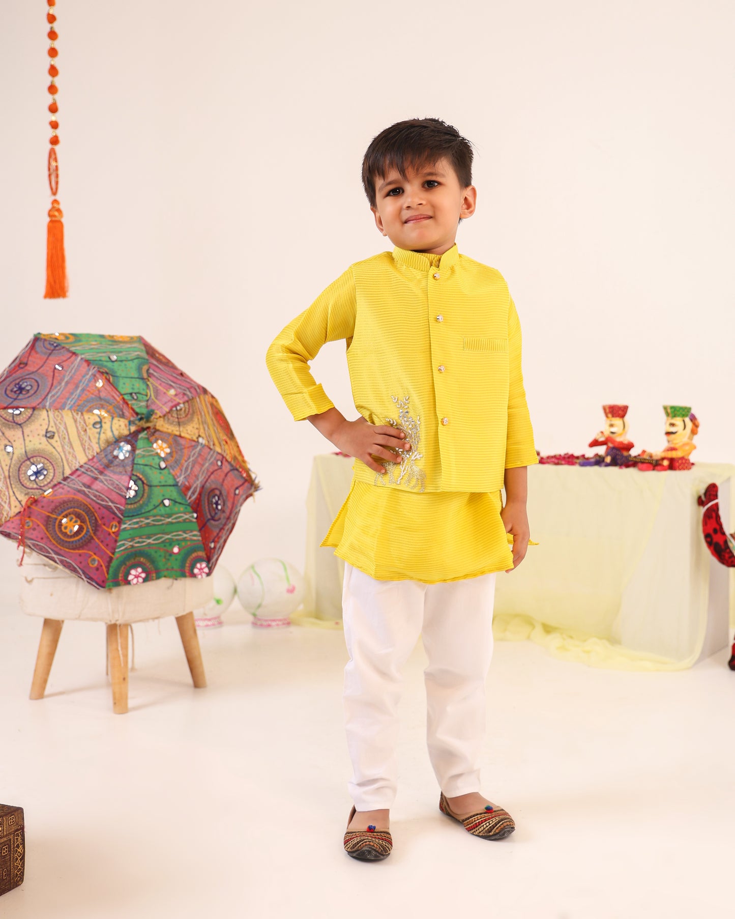 Boy 3 Pc Zari Embroidery Bundy Set - Lemon Yellow