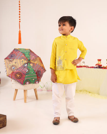 Boy 3 Pc Zari Embroidery Bundy Set - Lemon Yellow