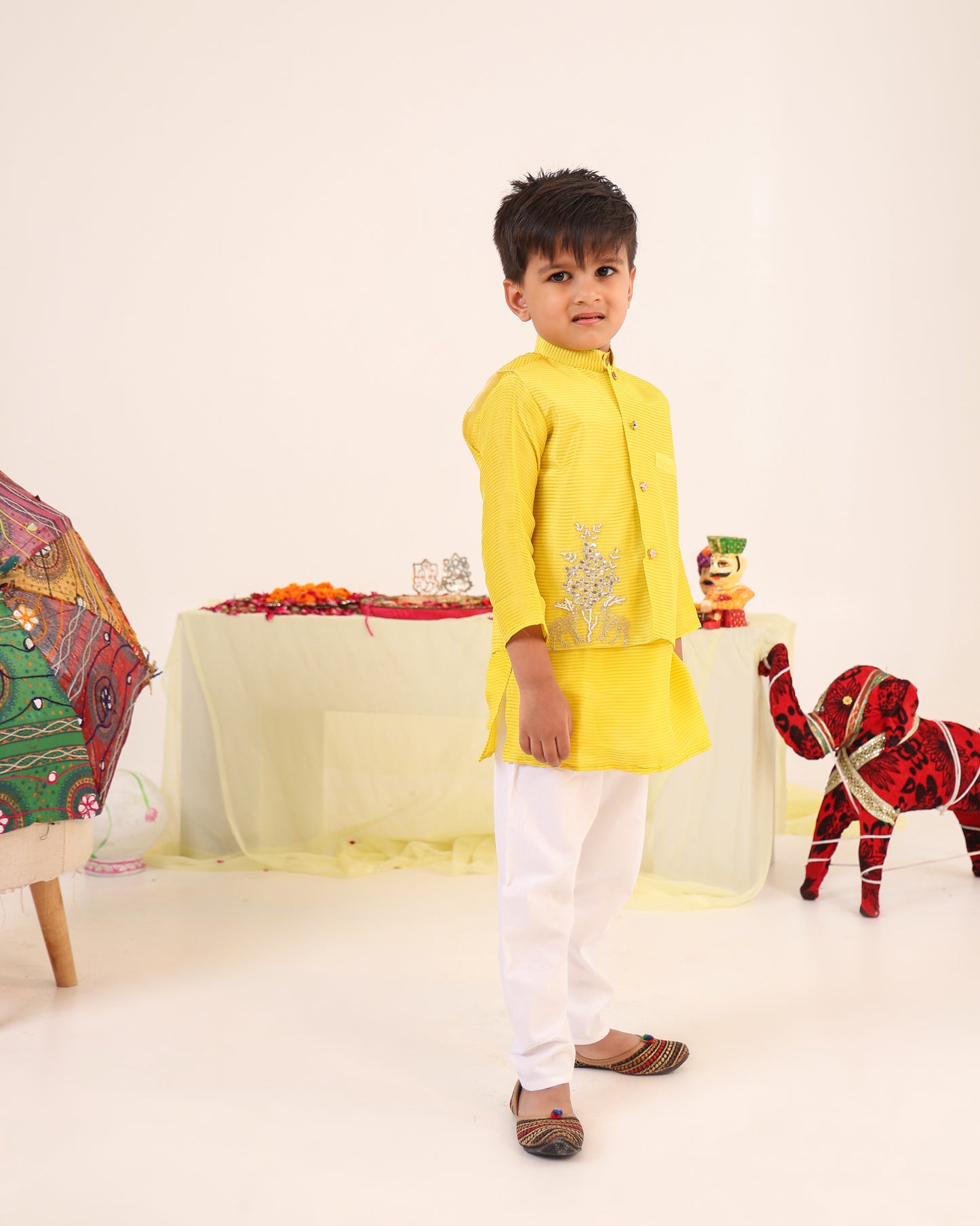 Boy 3 Pc Zari Embroidery Bundy Set - Lemon Yellow