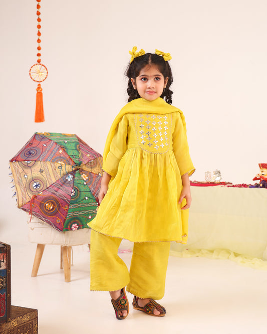 Girl Stripe Gota Embroidered Kurta and Pallazo Pants Set - Lemon Yellow