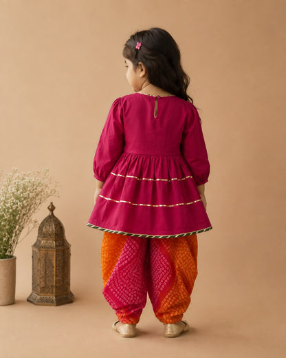 Girl Raas Rang Rani Peplum Kurta Dhoti Set- Rani and Mustard