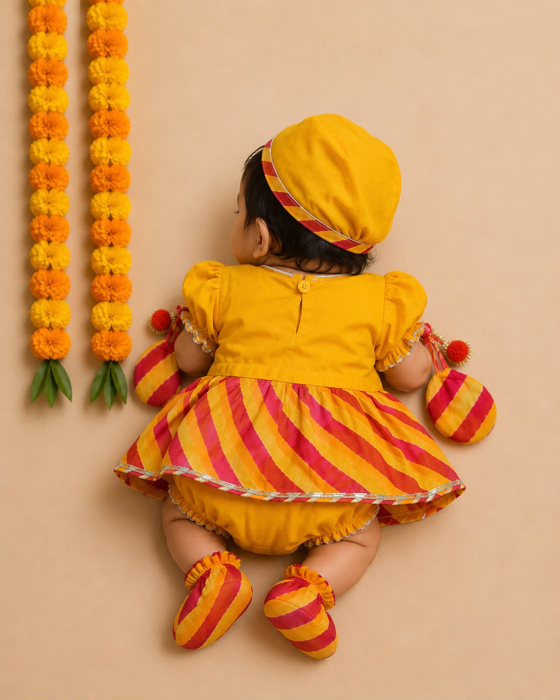 Baby Girl Lehariya Jamna Set - Yellow Red