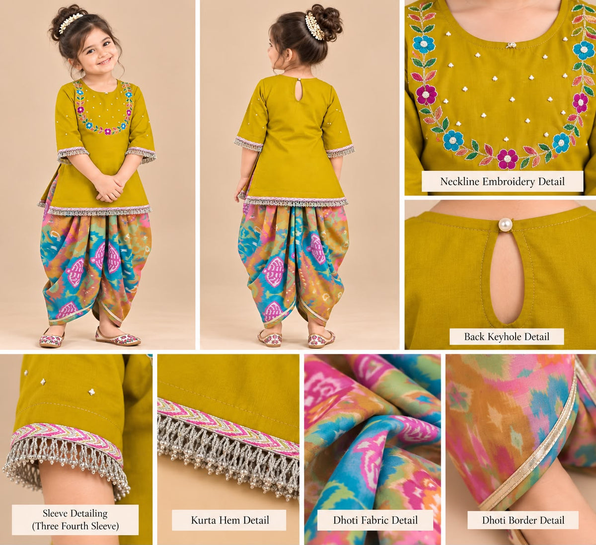 Girl Mithaas Kurta Dhoti Pant Set- Mustard Yellow