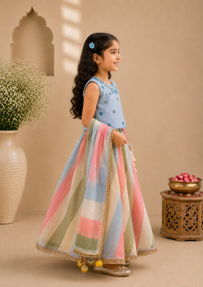 Girl Gulbahar Embroidered Skirt Top Set - Blue