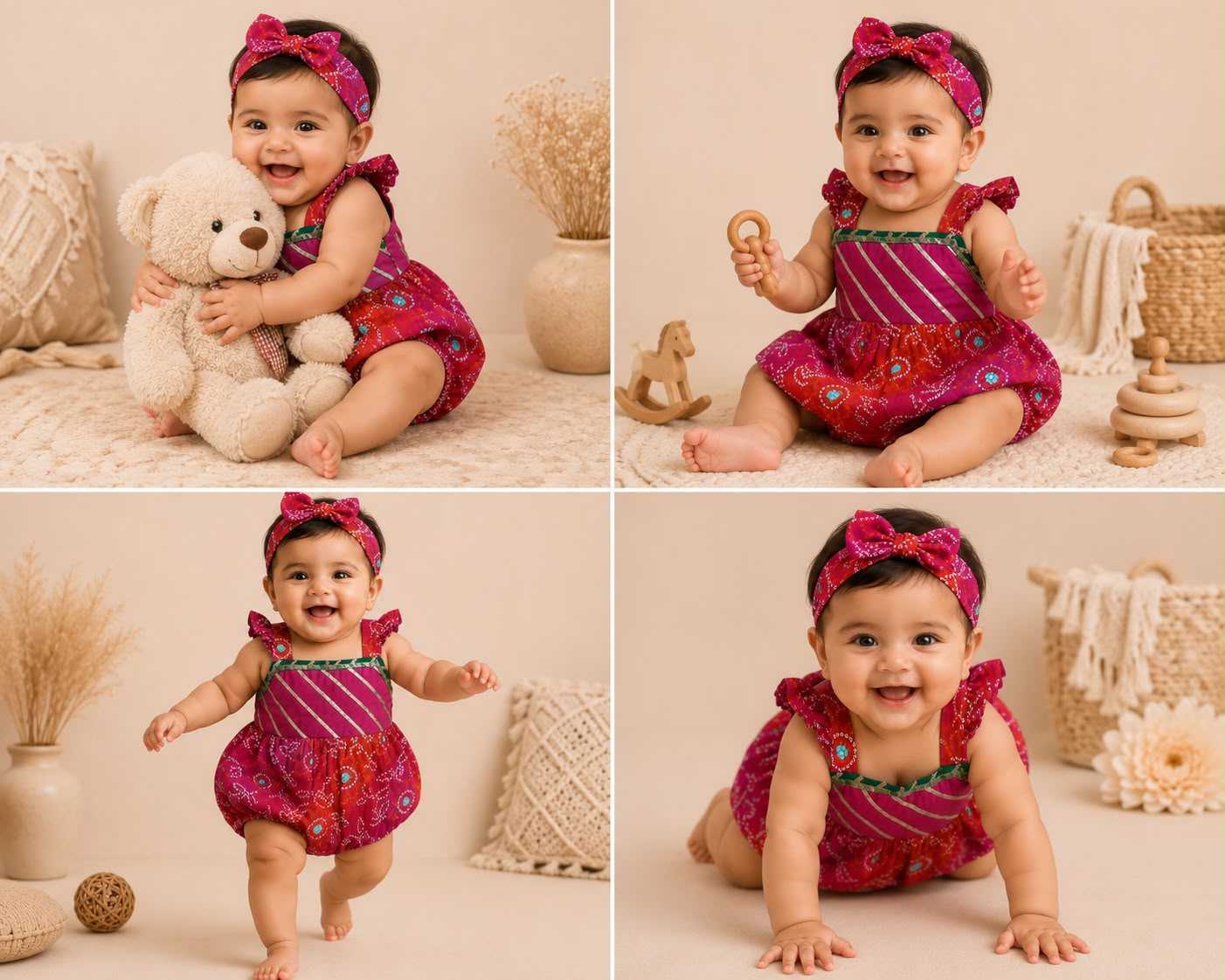 Baby Rajkumari Bandhani Romper - Pinkish Red