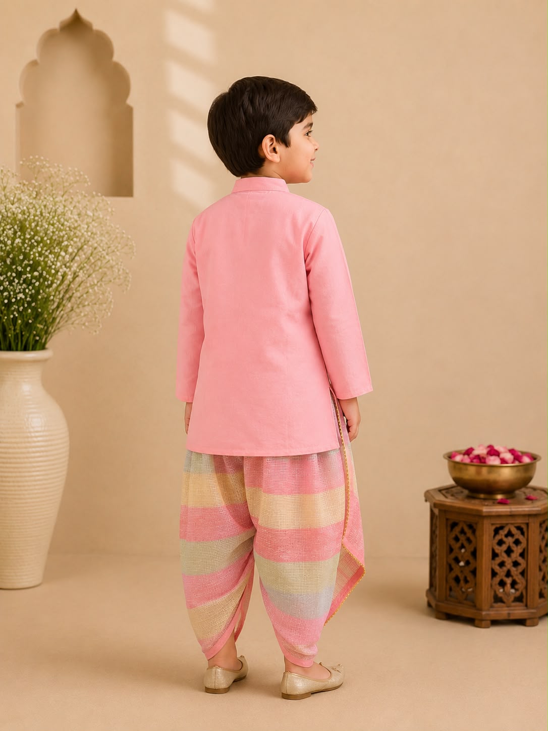 Boy Gulbahar Dhoti Kurta Set- Pink