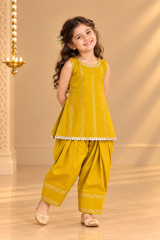 Girl Sitaara Kurta Farshi Pant Set- Mustard Yellow