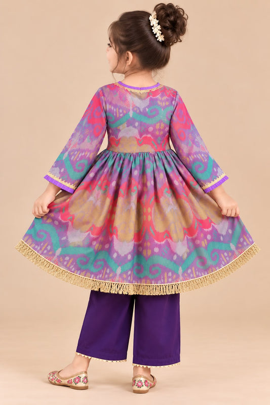 Girl Mithaas Angarkha Kurta Pant Set -Purple