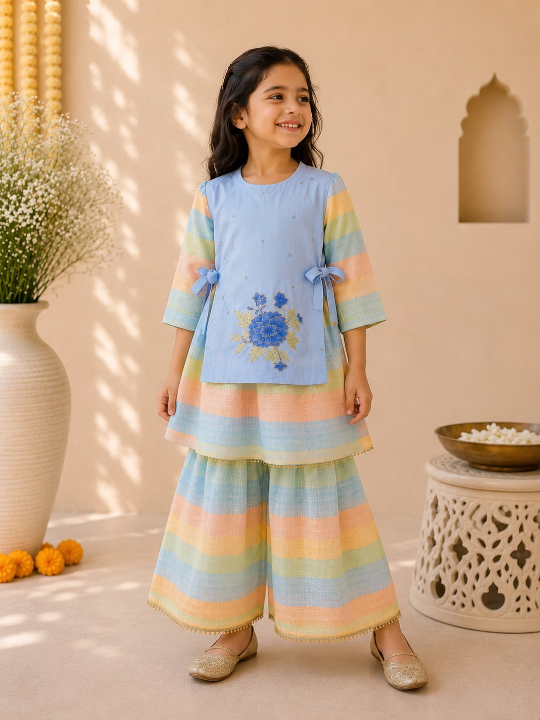 Girl Gulbahar Kurta Pallazo Set - Blue